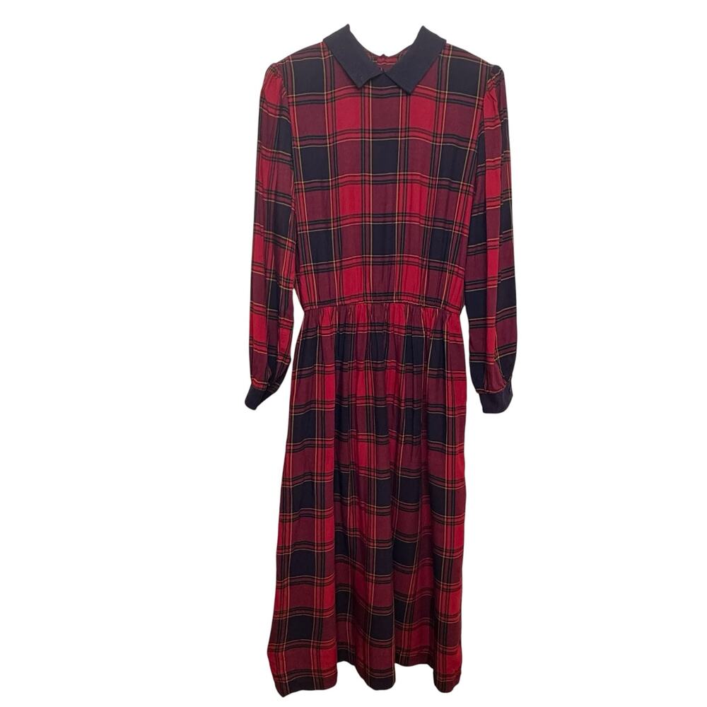Vtg Lanz Originals Red Tartan Plaid Collared Back Buttons Rayon Size 12 USA Made